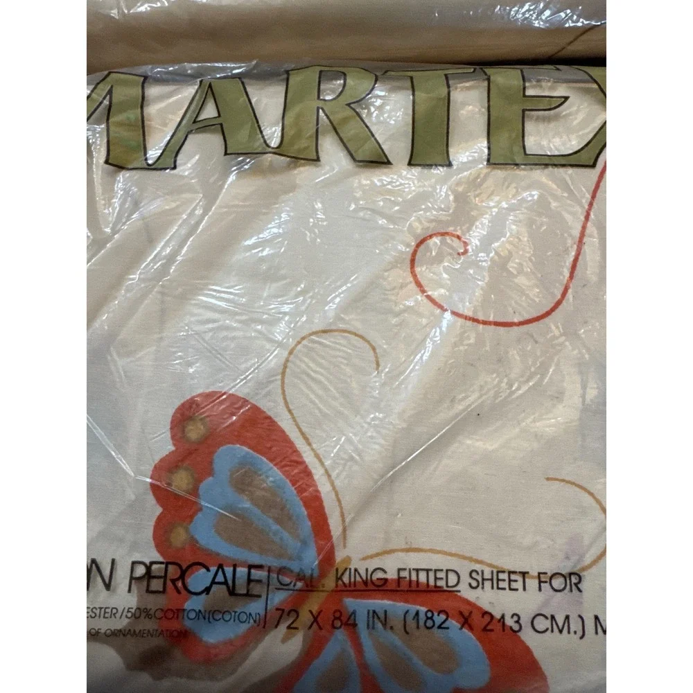 Vintage Martex Volante Butterfly King Flat & Cal King Fitted Sheet Set NOS 70s